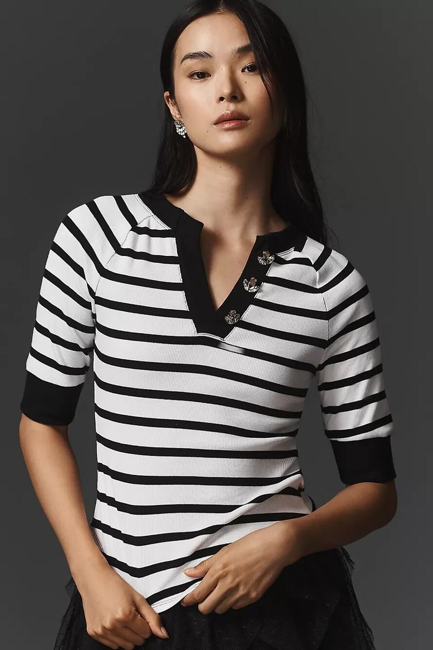 Anthropologie Maeve Half Sleeve Henley Top White Black Small New